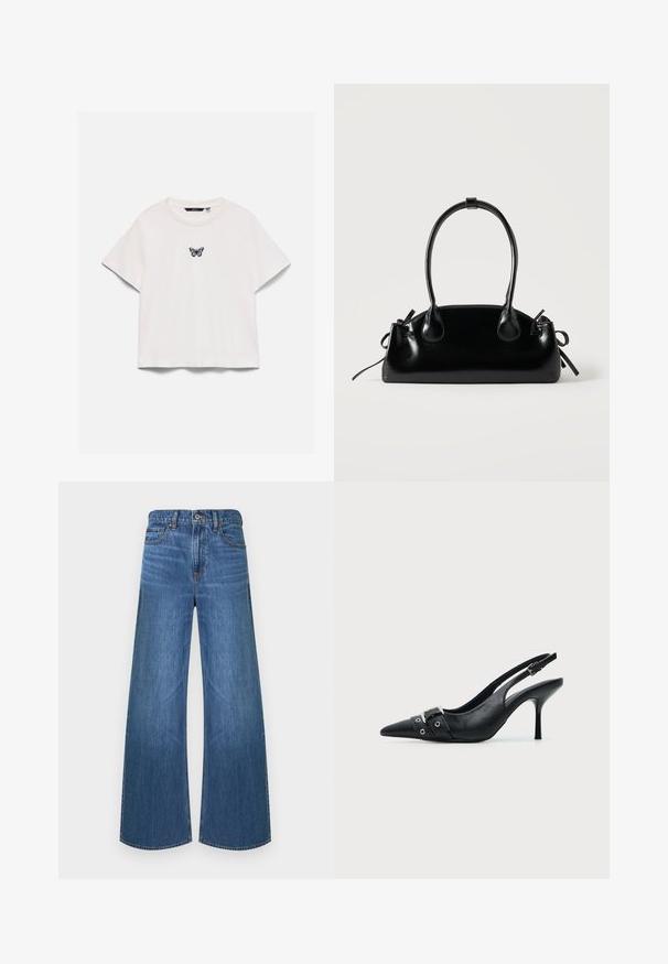 T-shirt blanc à manches courtes avec col rond et petit motif papillon violet et noir centré sur la poitrine.; Jean denim bleu à jambes larges avec bouton avant et fermeture éclair, style cinq poches, et passants pour ceinture, présenté sur un fond blanc.; Escarpin slingback à talon haut en cuir noir avec bout pointu, boucle et détail de bride œillet à l'avant.; Petit sac à main noir brillant avec deux longues anses et des détails à cordon sur les côtés sur un fond clair uni.
