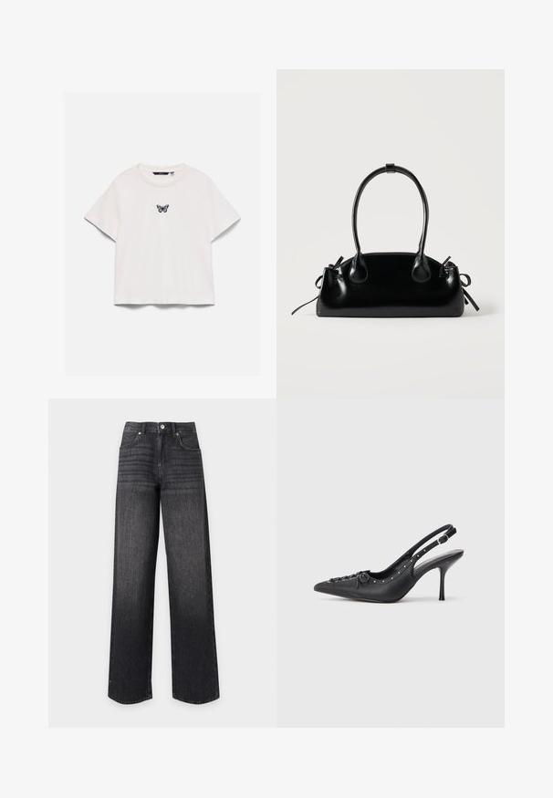 T-shirt blanc à manches courtes avec col rond et petit motif papillon violet et noir centré sur la poitrine.; Jean en denim noir taille haute à jambes droites avec poches avant, passants de ceinture, bouton et fermeture éclair sur fond blanc.; Escarpin en cuir noir à talon aiguille avec un bout pointu, une bride latérale à boucle, des clous le long du bord et un laçage décoratif à l'avant.; Petit sac à main noir brillant avec deux longues anses et des détails à cordon sur les côtés sur un fond clair uni.