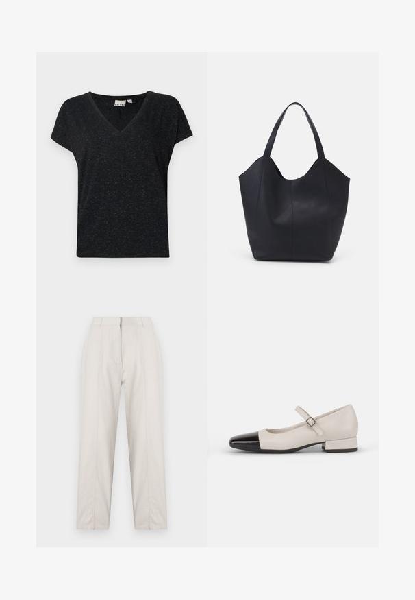 Camiseta negra de cuello en v con mangas cortas, que presenta un tejido texturizado y un corte casual. Etiqueta visible en el interior del escote.; Pantalones color crema con un diseño de pierna recta, que cuentan con detalles de pliegue frontal, dos bolsillos laterales y una cintura de altura media.; Zapato estilo Mary Jane en cuero crema con puntera de charol negro. Presenta una punta redonda, tirante en el tobillo con una hebilla cuadrada y un tacón bajo y cuadrado.; Bolso tote negro fabricado en cuero liso, con un diseño minimalista que presenta un borde superior curvado y dos asas para el hombro.