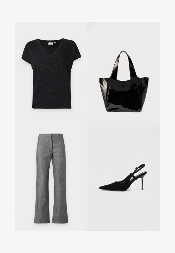 Camiseta negra de cuello en v con mangas cortas, que presenta un tejido texturizado y un corte casual. Etiqueta visible en el interior del escote.; Pantalones a medida grises con un patrón de pata de gallo, diseño de pierna recta y textura suave. Presentan una pretina con trabillas para cinturón.; Tacón de tiras traseras de ante negro con punta en punta, tacón stiletto delgado, correa ajustable en el tobillo y forro interior suave.; Bolso tote negro de charol brillante con asas anchas y un pequeño logo ovalado en el frente, exhibido sobre un fondo liso.