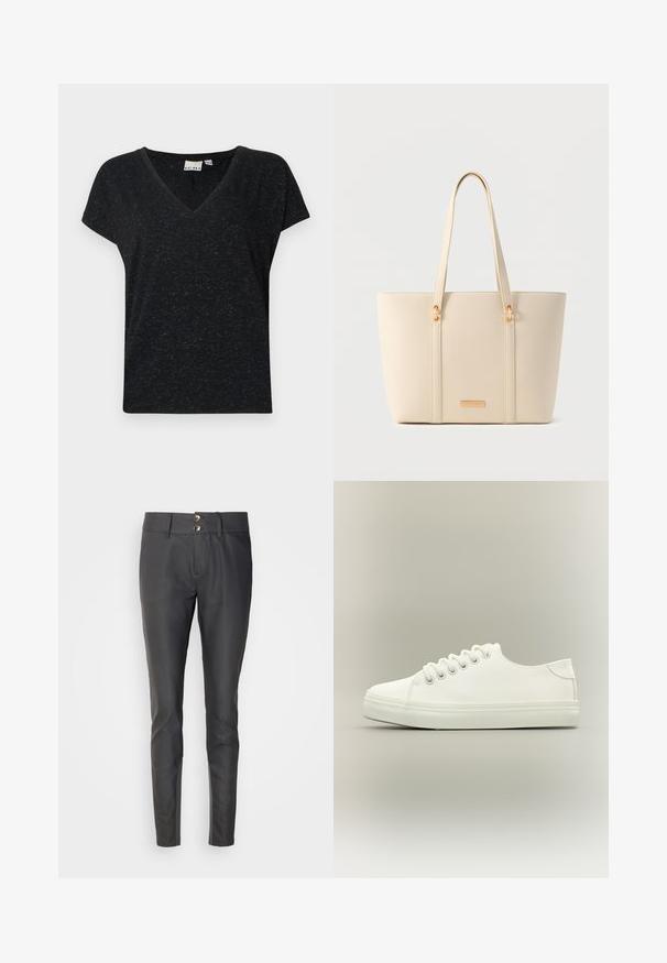 Zwarte v-hals t-shirt met korte mouwen, gemaakt van een textuurlijke stof en met een casual pasvorm. Etiket zichtbaar binnenin de hals.; Zwarte broek met een slim fit, gemaakt van glad materiaal. Bevat een sluiting met twee knopen bij de taille en een platte voorkant.; Witte lage sneaker met witte veters en rubberen zool, zijaanzicht op een neutrale achtergrond.; Crèmekleurige getextureerde tote bag met lange handvatten en gouden hardware details op een neutrale achtergrond.