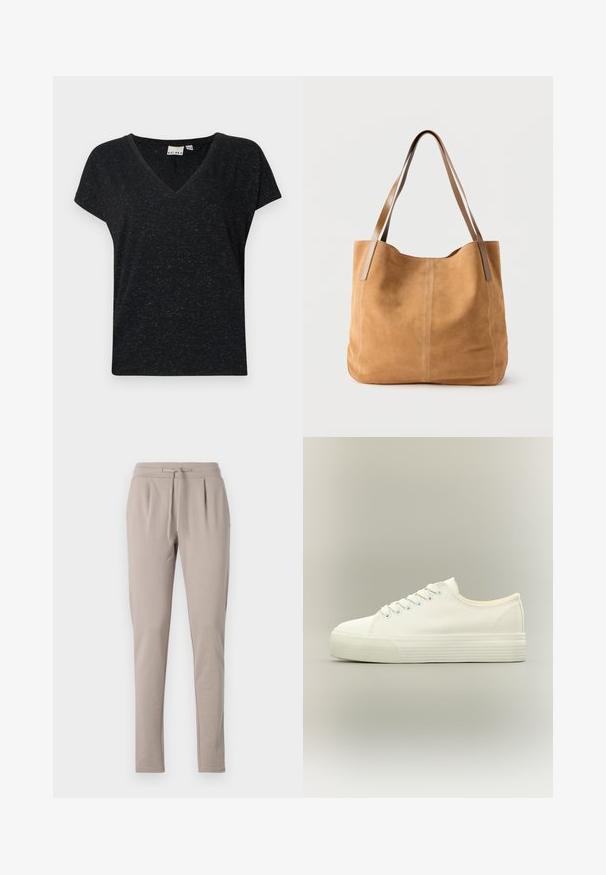 Zwarte v-hals t-shirt met korte mouwen, gemaakt van een textuurlijke stof en met een casual pasvorm. Etiket zichtbaar binnenin de hals.; Beige joggings met een trekkoord in de taille, taps toelopende benen en geplooide details aan de voorkant. Gemaakt van zachte, lichte materialen.; Witte lage canvas sneaker met veters aan de voorkant en dikke, getextureerde rubberen zool op een neutrale achtergrond.; Beige suède totebag met lange lichtbruine leren hengsels, zachte textuur en eenvoudige stiksels op een effen witte achtergrond.