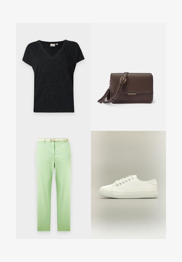 Camiseta negra de cuello en v con mangas cortas, que presenta un tejido texturizado y un corte casual. Etiqueta visible en el interior del escote.; Pantalones de algodón verde claro con un corte recto, que cuentan con un cinturón tejido beige, un bolsillo delantero y sin patrones visibles ni embellishments.; Zapatilla blanca baja con cordones blancos y suela de goma mostrada desde vista lateral sobre un fondo neutro.; Bolso cruzado de imitación cuero marrón con cierre de solapa, herrajes en tono dorado y detalle de borlas en el lateral. Correa ajustable para un uso versátil.