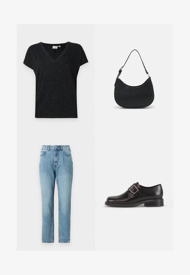 Camiseta negra de cuello en v con mangas cortas, que presenta un tejido texturizado y un corte casual. Etiqueta visible en el interior del escote.; TOM TAILOR DENIM Vaqueros mom - clean mid stone blue denim; Zapato de vestir de cuero negro con punta redondeada, detalle de hebilla lateral y suela texturizada, sobre un fondo blanco liso.; Bolso hobo negro hecho de cuero suave con una silueta curva, que cuenta con una sola correa ajustable y detalles de diseño minimalistas.