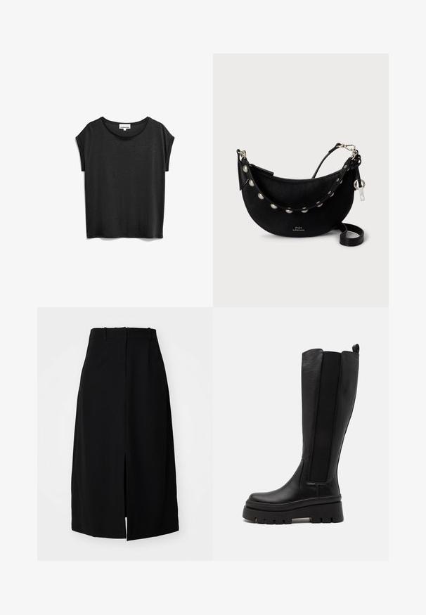 Schwarzes T-Shirt mit kurzen Ärmeln aus weichem Material, mit rundem Ausschnitt und einem lässigen Schnitt mit umgeschlagenen Ärmeln.; Schwarze knielange Rock aus glattem Stoff; verfügt über einen Schlitz vorn, Gürtelschlaufen und zwei vordere Falten für zusätzlichen Stil.; Schwarze knielange Stiefel aus glattgenarbtem Leder mit elastischen Seitenpaneelen, derber Plateausohle und gerillter Textur an der Unterseite.; Schwarze Lederhandtasche mit geschwungenem Design, silbernen Akzenten am Riemen und Reißverschluss für sichere Aufbewahrung.