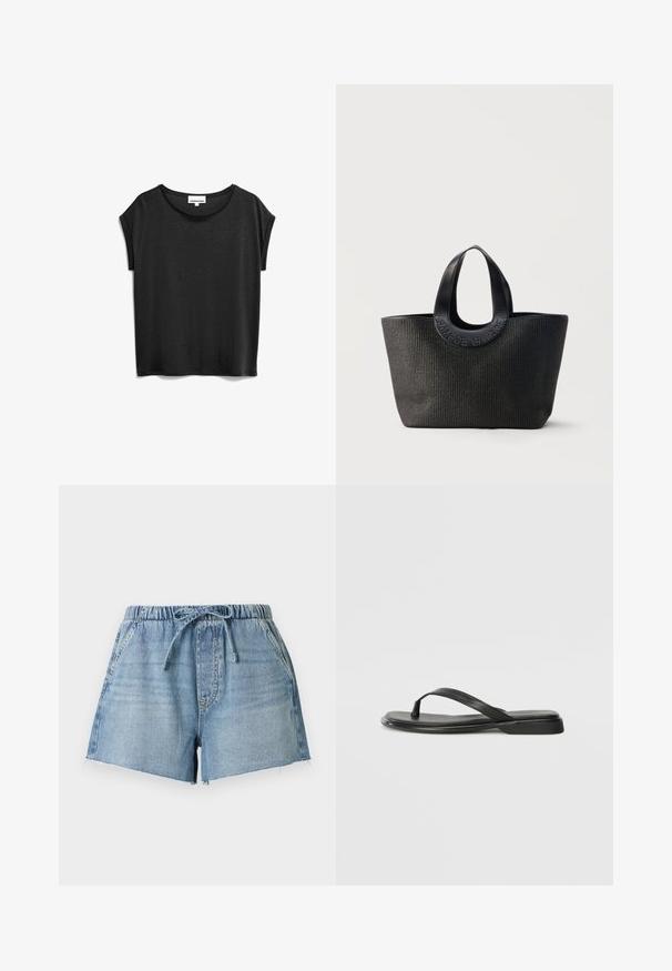 Zwart t-shirt met korte mouwen, gemaakt van zachte stof, met een ronde halslijn en een comfortabele pasvorm met opgerolde mouwen.; Lichtblauwe denimshorts met elastische tailleband, trekkoord, voorzakken en onafgewerkte zoomranden.; Zwarte teenflip-flop van glad leer, met een dunne band en een platte zool met een minimalistisch profiel. Geen opvallende patronen of accenten.; Zwarte getextureerde tote bag met brede afgeronde handvatten met het geperste merknaam "Samsøe Samsøe" op een neutrale achtergrond.