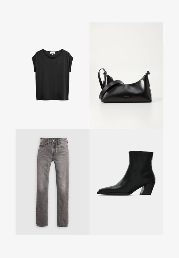 Schwarzes T-Shirt mit kurzen Ärmeln aus weichem Material, mit rundem Ausschnitt und einem lässigen Schnitt mit umgeschlagenen Ärmeln.; Schmal geschnittene, grau gewaschene Jeans für Herren mit fünf Taschen, Gürtelschlaufen und Knopfverschluss, flach auf einem weißen Hintergrund liegend.; Schwarze Leder-Stiefelette mit spitzem Zeh, schlanker Silhouette und klobigem quadratischem Absatz. Glatte Textur mit minimalen Nähdetails.; Schwarze lederne Handtasche mit glatter Textur. Verfügt über einen verstellbaren Riemen und ein elegantes, minimalistisches Design mit einem Reißverschluss.
