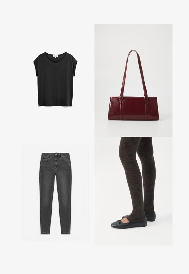 Zwart t-shirt met korte mouwen, gemaakt van zachte stof, met een ronde halslijn en een comfortabele pasvorm met opgerolde mouwen.; Zwarte skinny jeans met hoge taille, voor- en achterzakken, knoopsluiting en subtiele vervaagde details langs de pijpen.; Benen met donkere geribbelde leggings gecombineerd met zwarte ballerina's met kleine strikdetails op een witte achtergrond.; Bourgondische handtas van glanzend materiaal, rechthoekige vorm, met twee schouderbanden en subtiele gebogen accenten aan de voorkant.