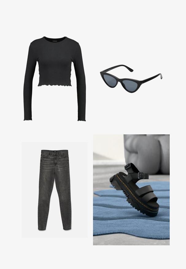 Čierny rebrovaný dlhý rukáv crop top s okrúhlym výstrihom a vlnkovým lemom. Vyrobený z elastického materiálu pre upnutý vzhľad.; Tmavomodré slim fit džínsy so zapínaním na gombík a zips, vrecká vpredu aj vzadu, zobrazené na bielom pozadí.; Čierna platformová sandála s hrubou podrážkou, nastaviteľným remienkom okolo členka a žltým prešívaním, položená na modrej textúrovanej látke.; Čierne slnečné okuliare v štýle mačacích očí s tmavošedými sklami, elegantným plastovým rámom, špicatými rohmi a rovnými stranami. Bez viditeľného hardvéru alebo akcentov.