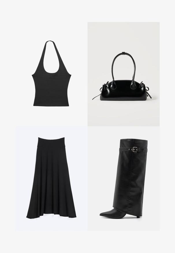 Top sans manches noir avec un col rond, fabriqué en tissu doux. Présente une silhouette ajustée et des bords nets. Pas de motifs ou d'accents supplémentaires.; Jupe noire taille haute en forme trapèze avec une large ceinture, un ourlet évasé et une texture de tissu lisse, présentée sur un fond clair uni.; Even&Odd by Zalando Bottes à talons hauts - black; Petit sac à main noir brillant avec deux longues anses et des détails à cordon sur les côtés sur un fond clair uni.