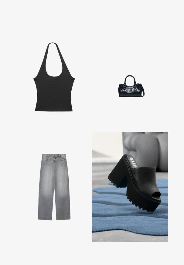 Top sans manches noir avec un col rond, fabriqué en tissu doux. Présente une silhouette ajustée et des bords nets. Pas de motifs ou d'accents supplémentaires.; Jean en denim gris à jambes larges avec une finition légèrement décolorée, doté de cinq poches, d'une fermeture à bouton à l'avant et de passants de ceinture.; Mule plateforme noire à bout ouvert avec semelle épaisse à crampons reposant sur un tapis bleu texturé à l'intérieur, près d'un fauteuil gris.; Sac à main en cuir noir avec deux poignées supérieures, boucles décoratives et une bandoulière amovible sur fond blanc.