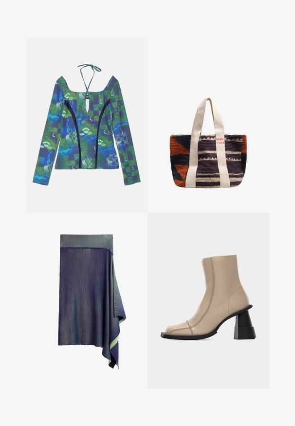 Haut à manches longues avec un décolleté plongeant, présentant des motifs abstraits bleus et verts, une fermeture à nouer dans le dos et des accents noirs contrastants.; Jupe tricotée bleu foncé avec de très fines rayures blanches verticales et un ourlet drapé asymétrique sur un côté.; Bottine beige en cuir avec bout carré, couture visible, et talon bloc noir sculpté et épais sur fond blanc.; Sac tote tricoté avec des motifs géométriques en noir, orange et crème, avec de larges anses crème et le texte « Bimba Y Lola » en rouge.