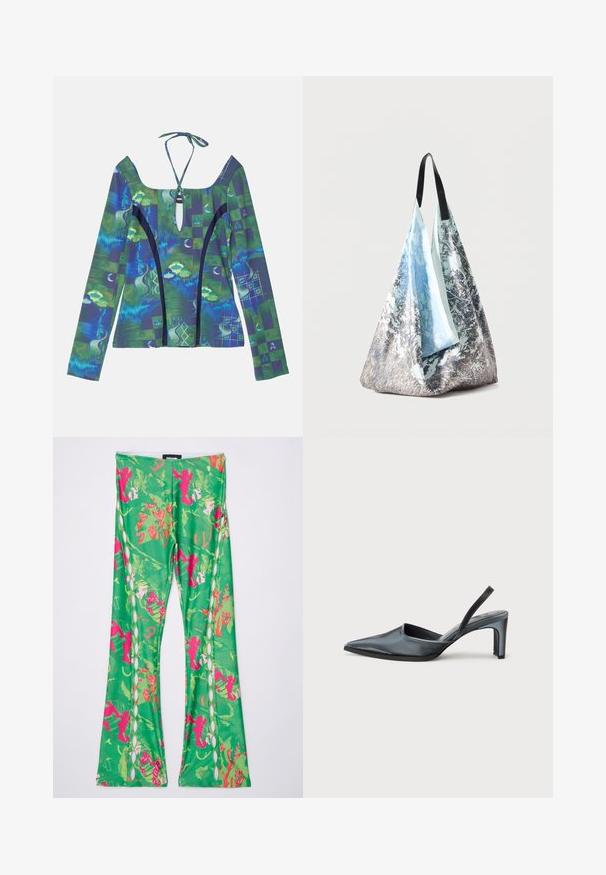 Haut à manches longues avec un décolleté plongeant, présentant des motifs abstraits bleus et verts, une fermeture à nouer dans le dos et des accents noirs contrastants.; Leggings vert à pattes évasées avec un motif floral et abstrait rose. Présente des découpes sur les côtés et un tissu lisse et extensible.; Escarpin noir à bride arrière avec un bout pointu, une finition satinée élégante et un talon fin de 7,5 cm. Design latéral ouvert avec des détails de couture minimalistes.; Sac fourre-tout avec poignées noires, présentant un motif texturé avec des motifs abstraits bleus, blancs et gris sur un tissu doux et souple.