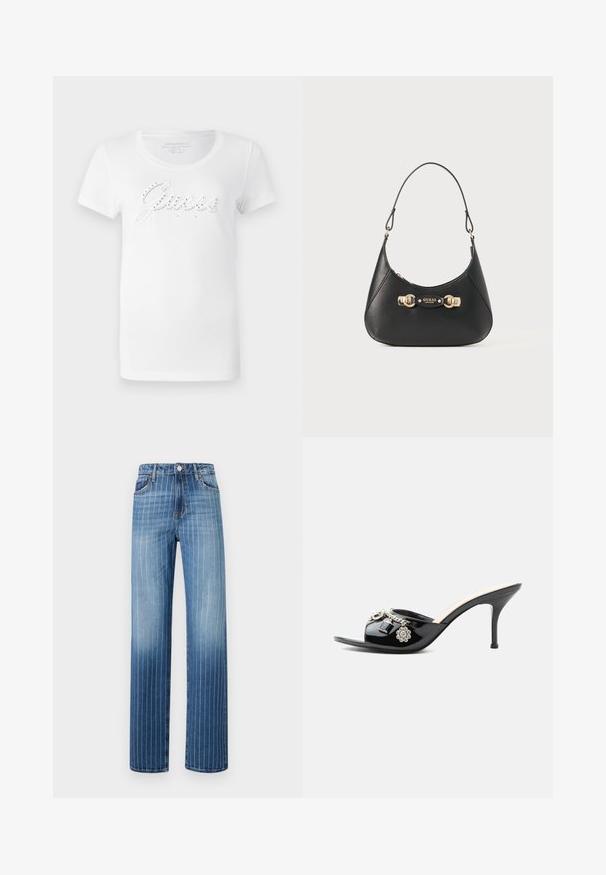 T-shirt blanc à manches courtes avec logo « Guess » en relief orné de strass, col rond et en tissu en coton doux.; Jean en denim bleu clair avec des rayures blanches verticales, design à jambe droite, cinq poches et fermeture à bouton au niveau de la taille.; Mule à talon haut en cuir verni noir avec bout ouvert et breloques argentées décoratives comprenant une fleur et un cadenas sur la bride avant.; Sac à main en cuir noir avec une silhouette courbée, doté d'une anse supérieure, de quincaillerie dorée et d'un plaque de logo à l'avant. Texture lisse.