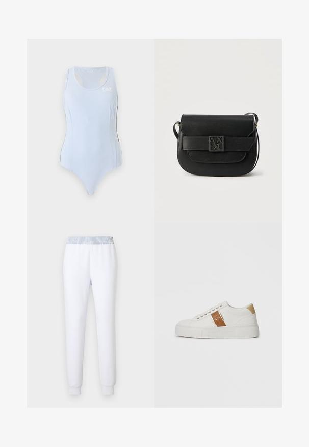 Justaucorps de sport bleu clair sans manches avec dos nageur et petit logo blanc EA7 sur le haut du côté gauche de la poitrine.; Pantalon de survêtement blanc avec une ceinture élastique rayée bleue. Coupe fuselée, texture douce et poignets côtelés pour un ajustement confortable.; Baskets blanches basses avec un patch de talon beige, une sangle en cuir marron équipée d'une boucle dorée et du logo A|X, et une semelle en relief Armani Exchange.; Sac d'épaule en cuir noir avec fermeture à rabat et logo embossé Armani Exchange sur la boucle avant, design minimaliste.