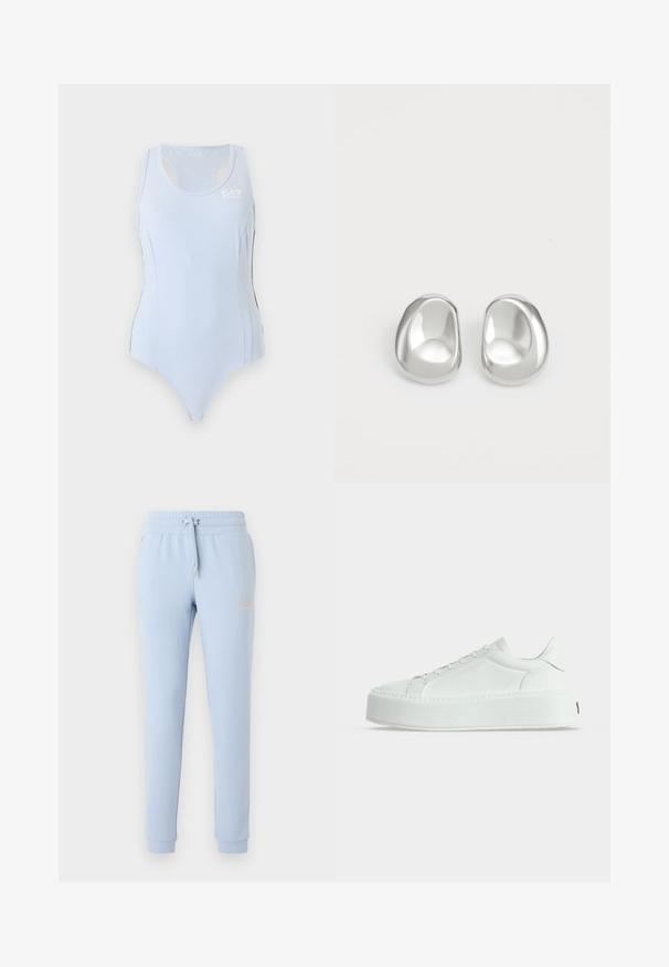 Justaucorps de sport bleu clair sans manches avec dos nageur et petit logo blanc EA7 sur le haut du côté gauche de la poitrine.; Pantalon de jogging bleu clair avec chevilles élastiquées, taille à cordon, poches latérales et logo texte discret sur la cuisse gauche.; Baskets basses blanches en cuir texturé, semelle épaisse à plateforme et fermeture à lacets, vues de profil sur fond uni.; Clous d'oreilles en argent au design lisse et arrondi, présentant une surface réfléchissante et des courbes douces, offrant une apparence organique semblable à celle d'un galet.