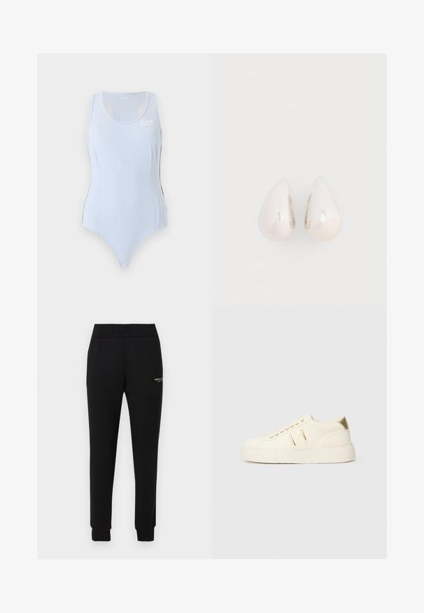 Justaucorps de sport bleu clair sans manches avec dos nageur et petit logo blanc EA7 sur le haut du côté gauche de la poitrine.; Pantalon de survêtement noir fuselé avec taille et poignets élastiques, présentant un petit logo doré "Armani Exchange" sur la cuisse droite.; Baskets basses de couleur crème avec des accents dorés, des lacets et un marquage « Armani Exchange » en relief sur la semelle et le patch latéral.; Boucles d'oreilles en métal argenté en forme de goutte, avec une surface lisse et réfléchissante, présentant un design sans couture et sans embellissements visibles.