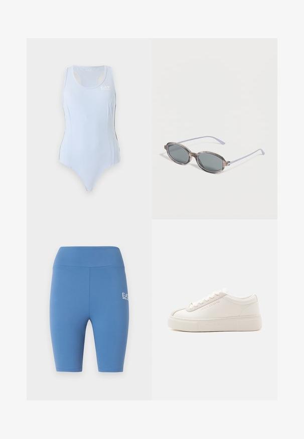 Justaucorps de sport bleu clair sans manches avec dos nageur et petit logo blanc EA7 sur le haut du côté gauche de la poitrine.; Shorts de cycliste bleu à taille haute avec une ceinture élastique et un petit logo blanc EA7 Emporio Armani sur la cuisse droite.; Sneakers basses blanches avec une semelle épaisse, un laçage à l’avant et un marquage subtil Armani Exchange sur le côté et la semelle, présentées sur un fond uni.; Lunettes de soleil ovales grises avec des montures translucides et des branches fines lavande reposant sur une surface blanche.