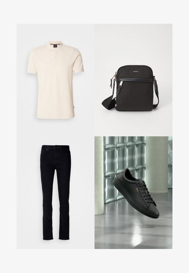 Beige Poloshirt aus Baumwolle mit Kragen und Knopfleiste mit zwei Knöpfen. Auf der Brust ist das Logo "BOSS" gestickt, kurze Ärmel, schlichtes Design.; Schwarze Denim-Jeans mit Slim-Fit, Fünf-Taschen-Design, sichtbaren Nähten und Knopfleiste. Glatte Textur ohne zusätzliche Muster.; Schwarzer flacher Ledersneaker mit schwarzen Schnürsenkeln und goldenem BOSS-Logo an der Seite, schwebend über einem glänzenden grauen Boden in einem modernen Innenraum.; Schwarze Umhängetasche aus strukturiertem Stoff, mit Logo auf der Vorderseite, Reißverschluss und verstellbarem Tragegurt. Verfügt über eine glatte Lederbesatz.