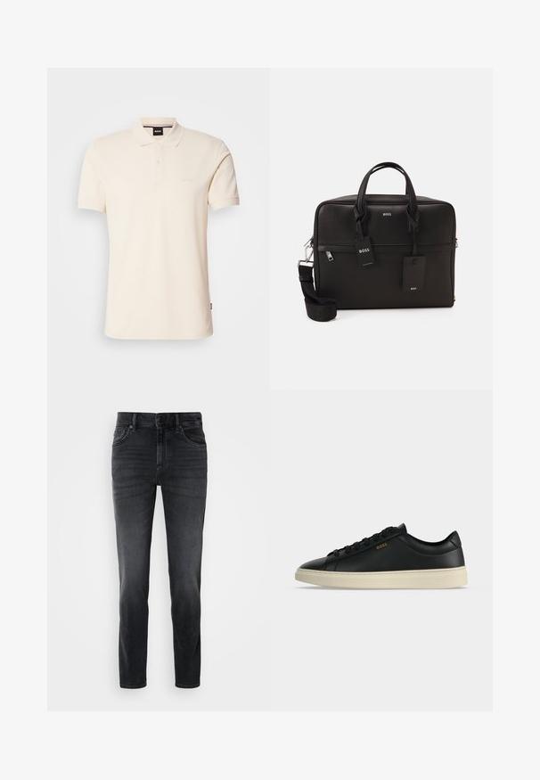 Beige Poloshirt aus Baumwolle mit Kragen und Knopfleiste mit zwei Knöpfen. Auf der Brust ist das Logo "BOSS" gestickt, kurze Ärmel, schlichtes Design.; Schwarze Jeans aus Denim mit schlanker Passform, mittelhohem Bund, klassischem Fünf-Taschen-Design und dezenten Verblassungen an den Beinen.; Schwarzer flacher Ledersneaker mit weißer Sohle, schwarzen Schnürsenkeln und kleinem goldfarbenem BOSS-Logo an der Seite.; Schwarze Laptoptasche mit strukturierter Oberfläche, doppelten Griffen, abnehmbarem Schultergurt und Metallbeschlägen. Verfügt über zwei Anhänger und ein strukturiertes Design.