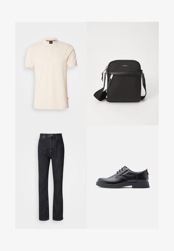 Polo beige en coton, avec col et patte de boutonnage à deux boutons. Logo "BOSS" brodé sur la poitrine, manches courtes, design simple.; Jean en denim noir taille haute avec fermeture à bouton et à glissière, poches avant et arrière, et coupe droite.; Chaussures en cuir noir à lacets avec une texture lisse, un bout arrondi et des détails de couture discrets. Présentent une languette rouge à l'arrière.; Sac bandoulière noir en tissu texturé, avec un logo sur le devant, fermeture éclair et une bandoulière réglable. Finitions en cuir lisse.