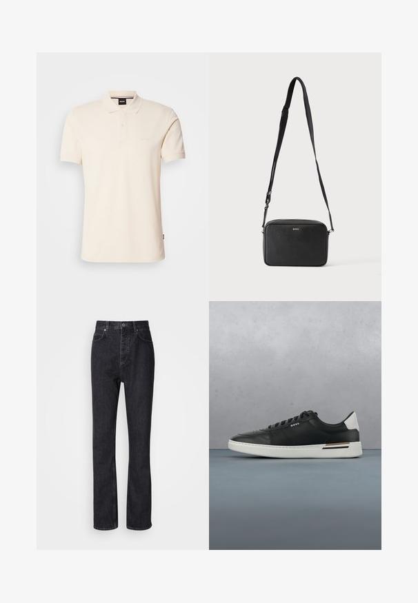 Beige Poloshirt aus Baumwolle mit Kragen und Knopfleiste mit zwei Knöpfen. Auf der Brust ist das Logo "BOSS" gestickt, kurze Ärmel, schlichtes Design.; Hochtaillierte schwarze Jeans aus Denim mit Knopf- und Reißverschluss, Vorder- und Hintertaschen sowie einer geraden Passform.; Schwarze Ledersneaker mit weißer Sohle, ausgestattet mit Perforationen, Schnürdesign, Logo an der Seite und kontrastierenden Fersendetails in Weiß und Braun.; Schwarze rechteckige Umhängetasche mit verstellbarem Riemen und BOSS-Logo auf der Vorderseite, vor einem einfarbigen hellen Hintergrund.