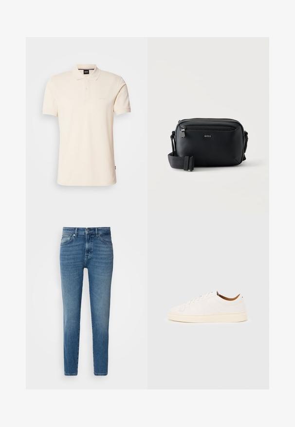 Beige Poloshirt aus Baumwolle mit Kragen und Knopfleiste mit zwei Knöpfen. Auf der Brust ist das Logo "BOSS" gestickt, kurze Ärmel, schlichtes Design.; Helle blaue Denim-Jeans mit geradem Schnitt, traditionellem Fünf-Taschen-Design, Metallknopfverschluss und dezentem Verblassen an der Vorderseite.; Weißer Sneaker mit niedrigem Schaft und Schnürdesign, minimalen Nähten und einer cremefarbenen Sohle auf hellgrauem Hintergrund.; Schwarze Leder-Umhängetasche mit Frontreißverschlusstasche und verstellbarem Stoffriemen, vorne mit "BOSS"-Logo.