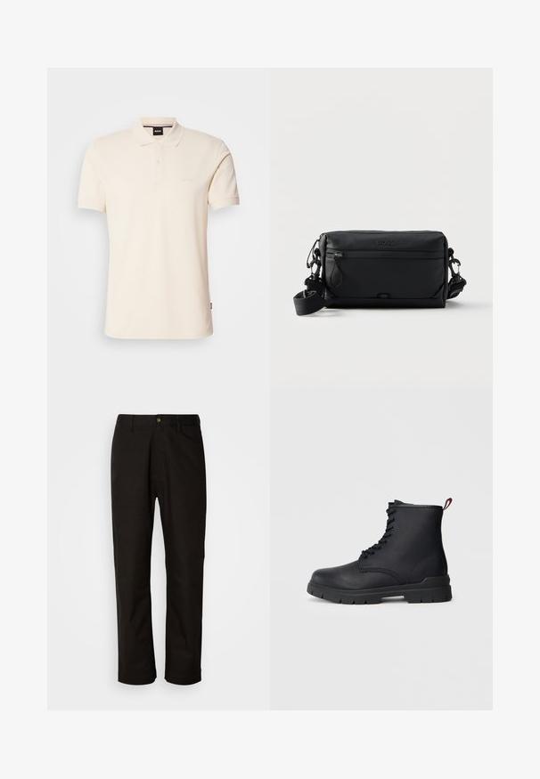 Beige Poloshirt aus Baumwolle mit Kragen und Knopfleiste mit zwei Knöpfen. Auf der Brust ist das Logo "BOSS" gestickt, kurze Ärmel, schlichtes Design.; Schwarze Baumwollhosen mit geradem Schnitt, Gürtelschlaufen, einem Reißverschluss vorne und einem einzelnen Knopfverschluss. Glatte Textur ohne sichtbare Muster.; Schwarze Leder-Stiefelette mit Schnüroptik, dickem Gummisohle und roter Schlaufe am Absatz, vor einem schlichten, hellen Hintergrund gezeigt.; Schwarze rechteckige Crossbody-Tasche mit Front-Reißverschlusstasche, verstellbarem Riemen und eingeprägtem "BOSS"-Logo oben in der Mitte.