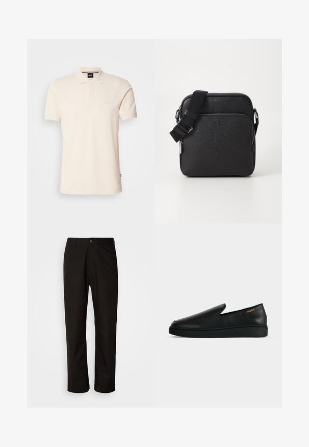 Beige Poloshirt aus Baumwolle mit Kragen und Knopfleiste mit zwei Knöpfen. Auf der Brust ist das Logo "BOSS" gestickt, kurze Ärmel, schlichtes Design.; Schwarze Baumwollhosen mit geradem Schnitt, Gürtelschlaufen, einem Reißverschluss vorne und einem einzelnen Knopfverschluss. Glatte Textur ohne sichtbare Muster.; Ein einzelner schwarzer Lederschuh zum Hineinschlüpfen mit dicker Sohle und "HUGO" Branding in Gold nahe der Ferse auf einem einfarbigen hellgrauen Hintergrund.; Schwarze Leder-Crossbody-Tasche mit strukturierter Oberfläche, ausgestattet mit einer vorderen Reißverschlusstasche, verstellbarem Riemen und metallenen Hardware-Details.
