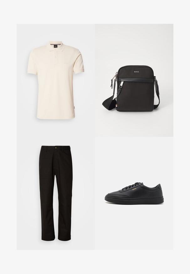 Beige Poloshirt aus Baumwolle mit Kragen und Knopfleiste mit zwei Knöpfen. Auf der Brust ist das Logo "BOSS" gestickt, kurze Ärmel, schlichtes Design.; Schwarze Baumwollhosen mit geradem Schnitt, Gürtelschlaufen, einem Reißverschluss vorne und einem einzelnen Knopfverschluss. Glatte Textur ohne sichtbare Muster.; Schwarze Leder-Sneaker mit glatter Textur, runder Zehenpartie, flacher Gummisohle und einfarbigen Schnürsenkeln. Mit goldfarbenem "BOSS" Logo an der Seite.; Schwarze Umhängetasche aus strukturiertem Stoff, mit Logo auf der Vorderseite, Reißverschluss und verstellbarem Tragegurt. Verfügt über eine glatte Lederbesatz.