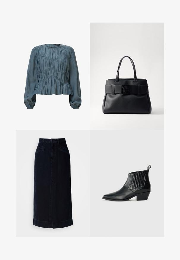 Lys blå langærmet bluse med sammenpresset tekstur, rund halsudskæring og peplum nederdel. Stoffet virker blødt og glat.; Mørk denim midi nederdel med høj talje, frontknaplukning og sidelommer; har en lige skæring og en subtil kantdetalje.; Sort læder ankelstøvle med spidse tæer, quiltet sidepanel og en lav blokhæl. Diskret branding på siden.; Sort lædertaske med struktureret design, dobbelte top-håndtag, en bred bælte-accent og en firkantet logo-plade på fronten.