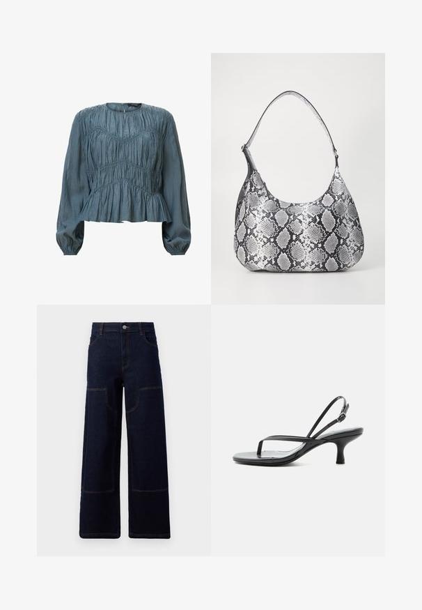Lys blå langærmet bluse med sammenpresset tekstur, rund halsudskæring og peplum nederdel. Stoffet virker blødt og glat.; Mørkeblå bredbenede denimbukser med frontlommer og kontrastfarvet orange syninger, knaplukning ved taljen.; Sort sandal med tynde stropper, lav kittenhæl, tynd tællerem og justerbar ankelrem med sølvspænde, på hvid baggrund.; Sort-hvid slangemønster skuldertaske med en rund form, glat tekstur og en buet rem. Har et sølvfarvet hardware-accents.