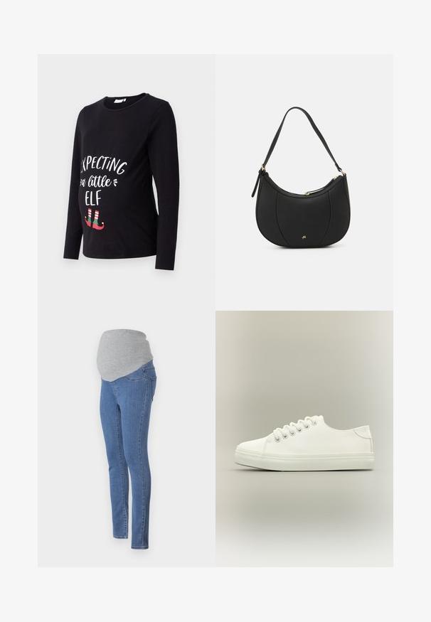 Camiseta de maternidad negra de manga larga con el texto en blanco "Esperando a un pequeño duende" y zapatos de duende en verde y rojo en la parte inferior. Material de algodón suave.; Vaqueros de maternidad con un diseño ajustado, tejido de denim azul y una cómoda cintura de jersey gris suave. Presenta bolsillos traseros y un corte ajustado.; Zapatilla blanca baja con cordones blancos y suela de goma mostrada desde vista lateral sobre un fondo neutro.; Bolso de mano de cuero negro con forma curva, superficie texturizada, costuras frontales y un logo en tono dorado. Cuenta con una sola correa ajustable.