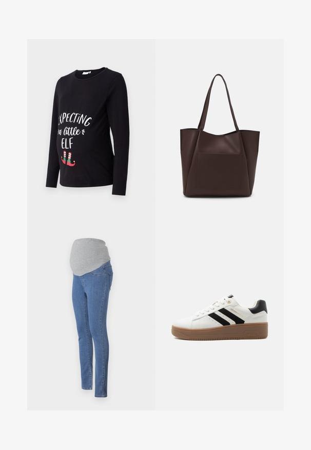 Sort langærmet graviditetstrøje med hvid tekst "Forventer en Lille Nisse" og grønne samt røde nissefodtøj i bunden. Blødt bomuldsstof.; Graviditetsjeans med en tætsiddende design, blåt denimstof og en blød grå jersey-linning for komfort. Har baglommer og en slim fit.; Hvid lavsko med sorte striber, brun gummiydersål, snørelukning foran og polstret sort hælkappe.; Brun tote taske lavet af glat materiale, med en stor frontlomme, to håndtag og et forenklet, struktureret design.