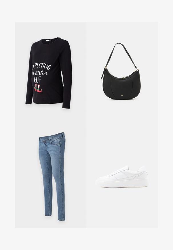 Sort langærmet graviditetstrøje med hvid tekst "Forventer en Lille Nisse" og grønne samt røde nissefodtøj i bunden. Blødt bomuldsstof.; MAMALICIOUS Skinny fit maternity Mid waist - Jeans Skinny Fit - medium blue denim; Hvid lavtop-sneaker med tyk sål, snørelukning og diskrete syningsdetaljer på en ensfarvet lys baggrund.; Sort læderhåndtaske med en buet form, struktureret overflade, forreste syninger og et logo i guldfarve. Har en enkelt justerbar rem.