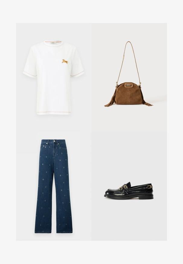 T-shirt blanc à manches courtes avec coutures orange et petit cheval brodé orange sur le côté gauche de la poitrine, col rond.; Jean bleu marine coupe large à taille haute, bouton argenté, poches avant, avec un motif discret de petits points sur tout le tissu.; Mocassins en cuir noir avec une finition brillante, dotés de deux boucles dorées et d'un talon bas. Texture lisse avec un design à bout arrondi.; Sac à épaule en daim marron avec une longue bandoulière, une découpe rectangulaire de la poignée et des détails à pompons sur les côtés sur fond blanc.
