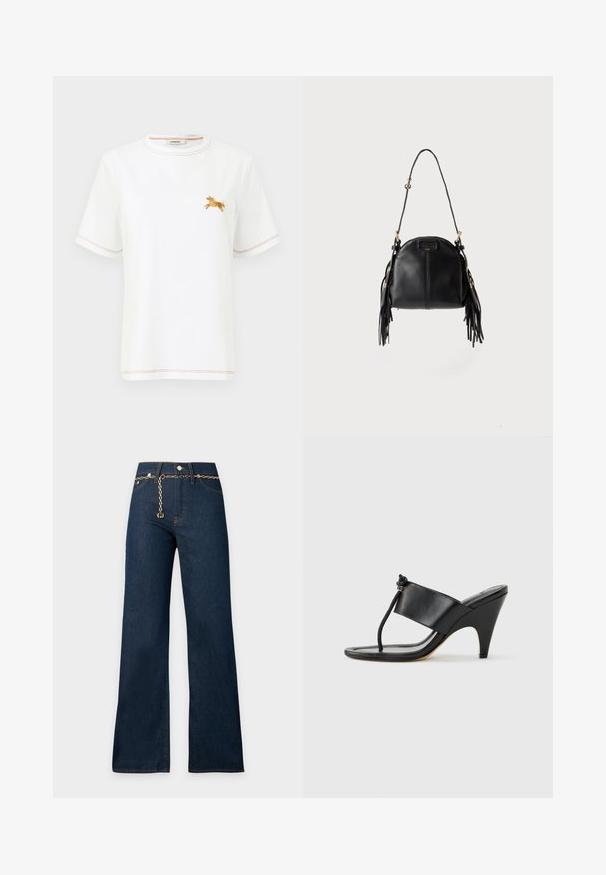 T-shirt blanc à manches courtes avec coutures orange et petit cheval brodé orange sur le côté gauche de la poitrine, col rond.; Jean bleu foncé à coupe large avec des surpiqûres orange et une fine ceinture chaîne dorée suspendue à l’avant, présenté sur un fond clair uni.; Sandale noire à talon haut avec une large bride avant et une boucle d'orteil dotée d'un détail de corde nouée, vue de profil sur fond blanc.; Sac à main en cuir noir avec une forme courbée, une longue bandoulière réglable et des franges de chaque côté sur un fond clair.