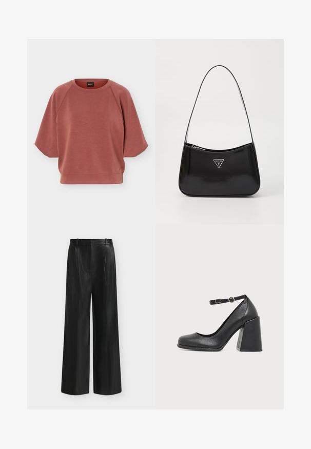 Sweat-shirt rose poudré à manches courtes et col rond avec manches raglan et ourlet côtelé, présentant un petit logo près du bord inférieur.; Pantalon noir à jambes larges en simili cuir, taille haute et détail de ceinture sur le côté, sur fond gris clair.; Chaussure à talon haut en cuir noir avec un bout arrondi et un talon épais en bloc, avec une bride de cheville réglable et une petite boucle ronde.; Sac à épaule en cuir verni noir avec une forme incurvée, présentant un logo triangle en argent et une fermeture éclair. Texture lisse et bandoulière fine.