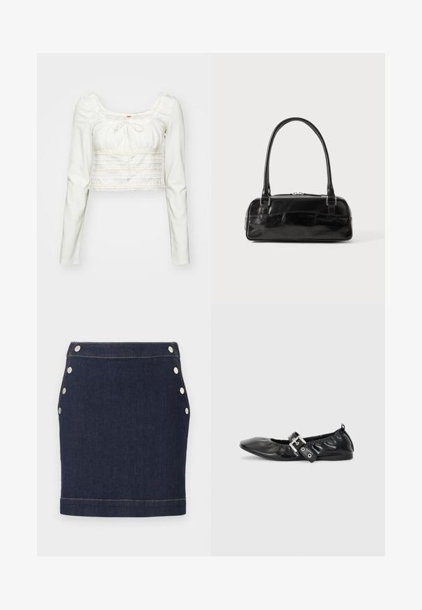 Top corto blanco de manga larga con escote cuadrado, detalle de cordones y encaje en el pecho y el dobladillo, con textura fruncida.; Minifalda vaquera azul oscuro con seis botones a presión plateados, tres a cada lado, y costuras visibles de color marrón claro en la cintura y el dobladillo.; Zapato plano de piel negra con puntera afilada, detalle fruncido alrededor de la abertura y un acento de hebilla plateada en la correa ajustable.; Bolso de mano de cuero negro con forma rectangular, equipado con un asa estructurada, herrajes en plata y cierre de cremallera. Textura suave.