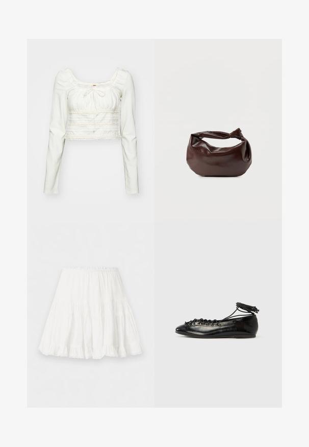 Top corto blanco de manga larga con escote cuadrado, detalle de cordones y encaje en el pecho y el dobladillo, con textura fruncida.; Falda blanca de capas con cinturilla elástica y borde con volantes, confeccionada en tela ligera.; Zapatos planos tipo ballet de charol negro con punta redondeada, diseño con cordones y suela plana. Textura lisa con detalles mínimos.; Bolso de hombro de cuero marrón oscuro con una forma suave y caída, y un asa con nudo torcido sobre un fondo blanco liso.