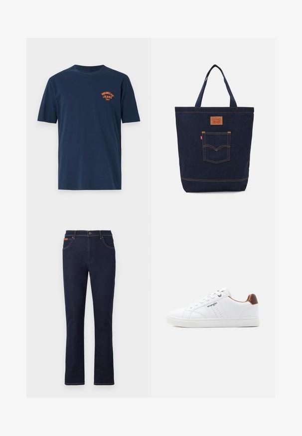 Marineblå bomulds t-shirt med korte ærmer, rund hals og et orange broderet "Wrangler Jeans 1947" logo på brystet.; Mørkeblå jeans med lige ben, frontknap og lynlås, for- og baglommer samt brune syninger.; Hvid lavtop-sneaker med hvide snørebånd, perforerede detaljer, "Wrangler"-logo på siden og brun hælaccents på ensfarvet baggrund.; Mørkeblå denim tote bag med to håndtag, synlige sømme og en frontlomme med et klassisk logo-patch.