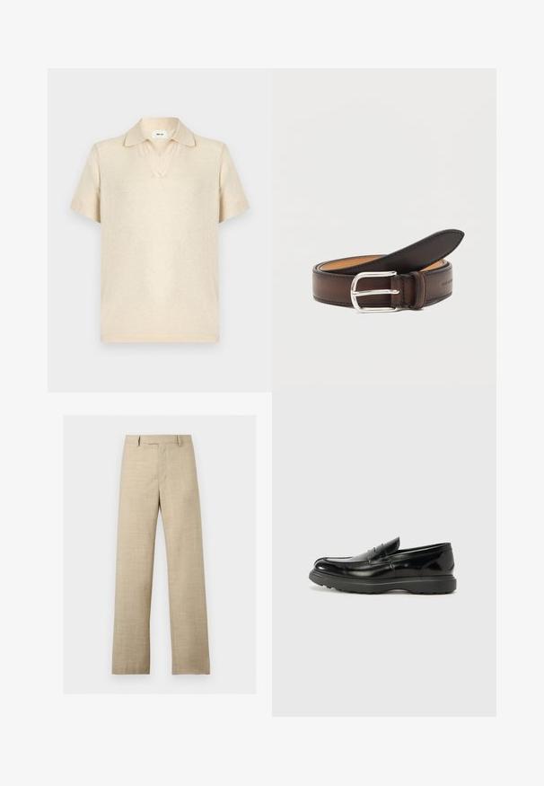 Polo beige à manches courtes avec col ouvert et texture de tissu doux, posé à plat sur un fond blanc.; Pantalon beige droit avec passants pour ceinture, fermeture éclair frontale et tissu subtilement texturé.; Mocassin en cuir noir avec une finition brillante, bout arrondi, détails de couture subtils et semelle en caoutchouc épaisse pour la durabilité.; Ceinture en cuir marron foncé roulée avec une boucle rectangulaire argentée sur fond blanc.