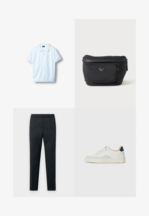 Polo bleu clair à manches courtes avec poignets et ourlet côtelés, patte de boutonnage à trois boutons et étiquette noire à l'intérieur du col.; Pantalon gris foncé avec une taille élastique, coupe droite, texture douce, sans poches visibles ni motifs.; Baskets blanches avec des accents en daim, bout arrondi, lacets plats et semelle en caoutchouc crème. Présente une marque verte sur le talon.; Sac banane noir avec poche avant zippée et logo aigle argenté, tissu lisse avec bordure texturée et tirettes de fermeture éclair.