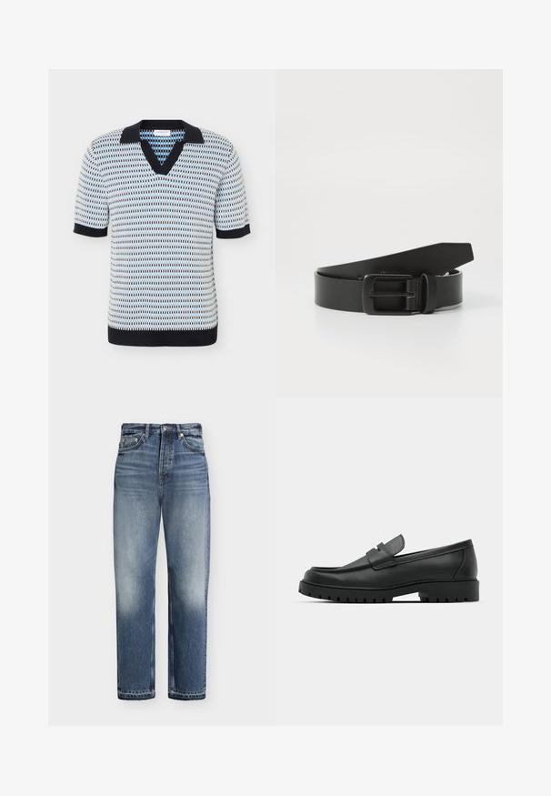 Polo en maille à manches courtes avec motif géométrique bleu, blanc et noir, col noir, poignets de manches et ceinture noirs.; Jean bleu taille haute à jambes droites avec des détails délavés, poches avant, fermeture par bouton et passants de ceinture sur fond blanc.; Mocassins en cuir noir à bout arrondi, avec un design cousu, une semelle plateforme basse et une semelle en caoutchouc texturée et crantée.; Ceinture en cuir noir avec une boucle en métal noir mat, présentant une texture lisse et un design simple. Longueur réglable avec une extrémité effilée.