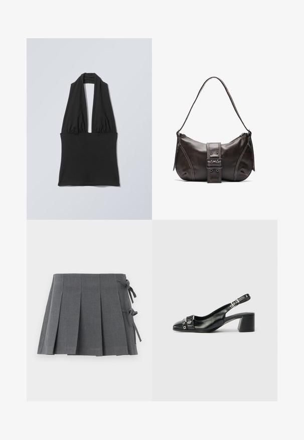 Haut noir sans manches à col licou avec tissu froncé au niveau de la poitrine et large bande à la taille, présenté sur un fond plat gris clair.; Jupe mini plissée grise en tissu texturé, avec une fermeture à nouer sur un côté et une ceinture lisse pour plus de confort.; Sandale à talon en cuir noir avec un bout pointu, une sangle texturée ornée d'accents métalliques circulaires et un talon empilé.; Sac à épaule en cuir marron avec une forme courbée, présentant un détail de boucle proéminent, des coutures contrastantes et une seule bandoulière.
