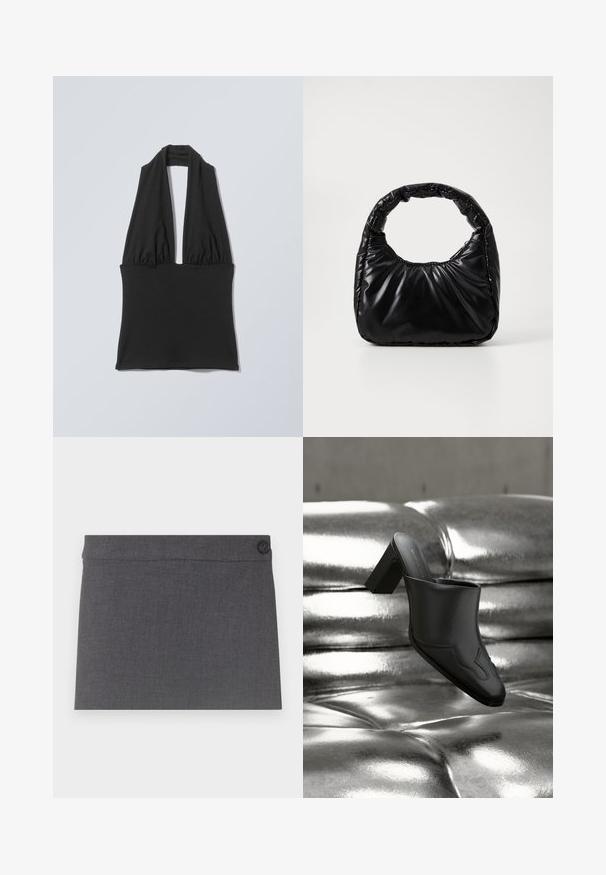 Haut noir sans manches à col licou avec tissu froncé au niveau de la poitrine et large bande à la taille, présenté sur un fond plat gris clair.; Jupe en tissu gris présentant une texture douce, un design droit et un unique bouton noir à la taille, avec une esthétique épurée et simple.; Mule en cuir noir avec talon bloc reposant sur une surface argentée brillante capitonnée, mettant en valeur son design élégant et ses détails incurvés.; Sac à main noir rembourré avec une poignée arrondie, présentant une surface lisse et brillante ainsi qu'une texture douce et matelassée. Pas de quincaillerie ou d'accents visibles.