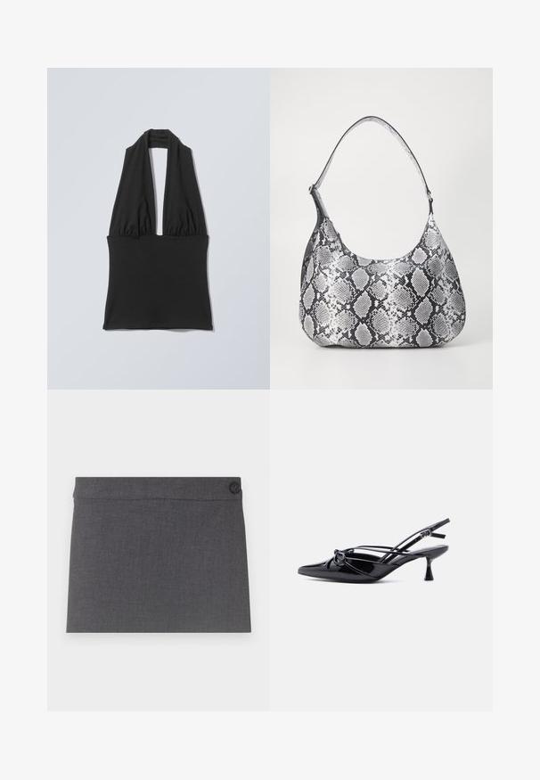 Haut noir sans manches à col licou avec tissu froncé au niveau de la poitrine et large bande à la taille, présenté sur un fond plat gris clair.; Jupe en tissu gris présentant une texture douce, un design droit et un unique bouton noir à la taille, avec une esthétique épurée et simple.; Escarpin slingback en cuir verni noir, bout pointu, petit talon kitten et nœud décoratif noué à l'avant.; Sac à épaule en simili cuir noir et blanc avec imprimé serpent, de forme arrondie, texture lisse et bandoulière incurvée. Présente un accent en matériel argenté.