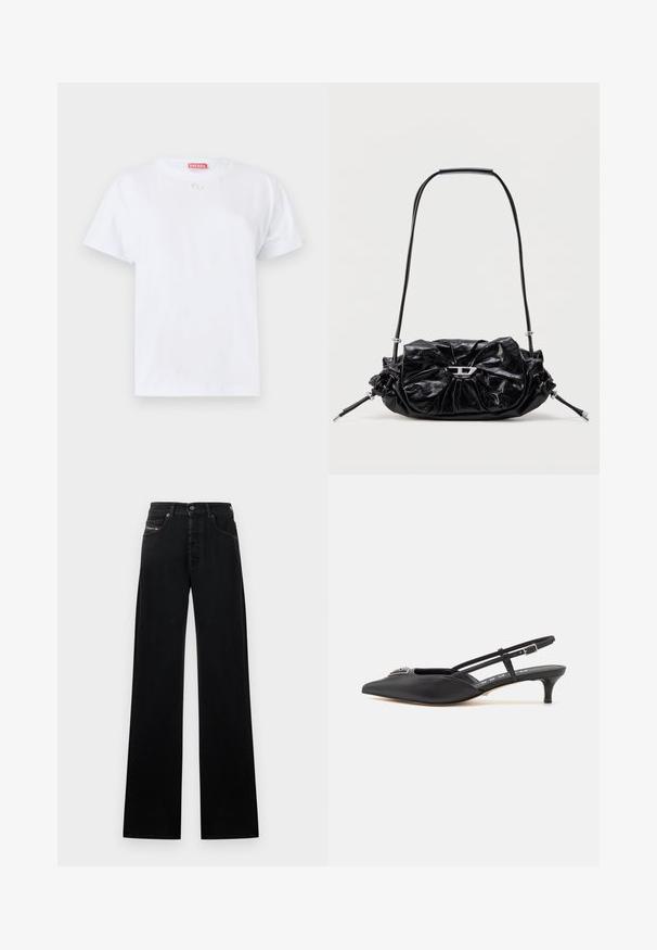 Camiseta de algodón blanca con mangas cortas, cuello redondo y un pequeño logo en el pecho. Diseño simple, textura suave y dobladillo recto.; Jeans negros de pierna ancha hechos de mezclilla, con cierre frontal de botones, cinco bolsillos y un pequeño parche con el logo en la cintura.; Zapatos slingback negros con punta afilada, hechos de material suave, con un pequeño tacón y un acento decorativo plateado en el empeine.; Bolso de mano de cuero negro con diseño fruncido y detalle de lazo en la parte frontal. Cuenta con un asa corta y detalles metálicos en color plata.