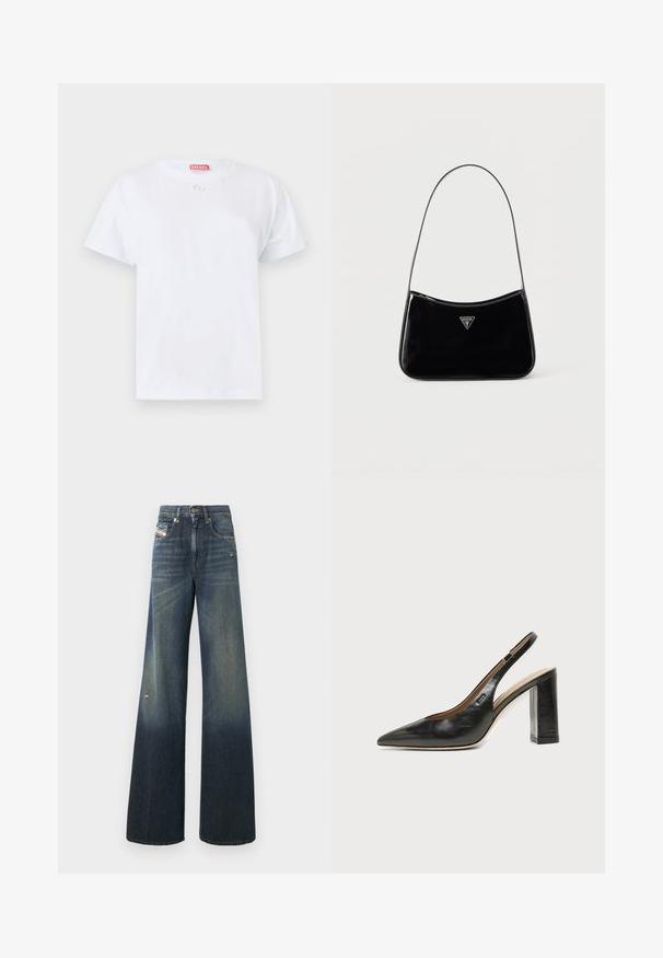 T-shirt en coton blanc à manches courtes, col ras du cou et un petit logo sur la poitrine. Design simple, texture lisse et ourlet droit.; Jean en denim à jambes larges de couleur bleu foncé avec une finition délavée, présentant un genou usé et un design classique à cinq poches avec une étiquette.; Chaussure slingback en cuir noir à bout pointu avec un talon bloc haut et une doublure intérieure beige sur un fond clair uni.; Sac à bandoulière en cuir verni noir avec une sangle fine, logo triangulaire Guess sur le devant et une fermeture éclair supérieure.