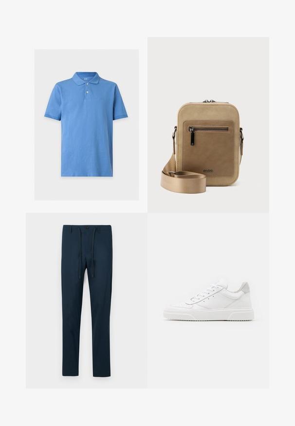 Polo bleu à manches courtes avec col, deux boutons et logo GAP discret sur la poitrine, présenté sur un fond uni.; Pantalons bleu marine en tissu léger, dotés d'une fermeture à bouton et d'un cordon de serrage ajustable, avec une coupe slim et fuselée.; Des baskets en cuir blanc avec une finition lisse, un bout rond, des lacets plats et une semelle texturée. Accents en daim gris au niveau du talon.; Petit sac bandoulière beige avec poche avant zippée, logo métallique ALDO, sangle large ajustable et forme rectangulaire arrondie sur fond blanc.